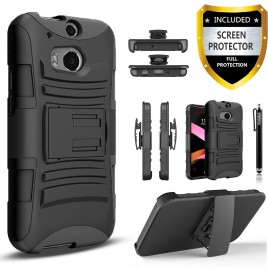 HTC One M8 Case, Dual Layers [Combo Holster] Case And Built-In Kickstand Bundled with [Premium Screen Protector] Hybird Shockproof And Circlemalls Stylus Pen (Black)